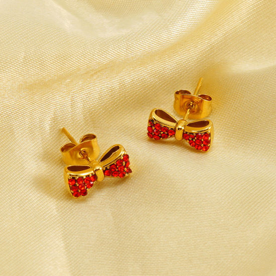 Picture of Eco-friendly Vacuum Plating Sweet & Cute Ins Style 18K Gold Plated 304 Stainless Steel & Rhinestone Bowknot Ear Post Stud Earrings For Women Birthday