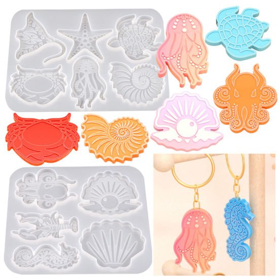 Picture of 1 Piece Silicone Resin Mold For Keychain Necklace Earring Pendant Jewelry DIY Making Rectangle Marine Animal White