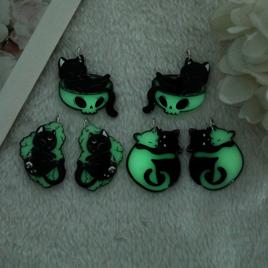 Picture of Acrylic Glow In The Dark Pendants Cat Animal Black & White Double Sided