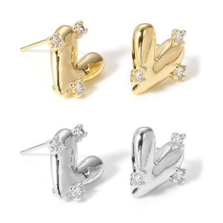 Brass Couple Ear Post Stud Earring With Loop Connector Accessories Real Gold Plated Heart Clear Cubic Zirconia