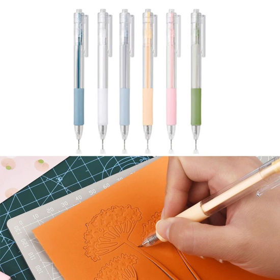 Picture of Plastic Push Button Paper Cutter Pen Cutting Knifes Stationery Scrapbooking Tool Multicolor 14.2cm
