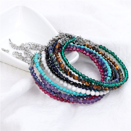 Picture of Natural 304 Stainless Steel & Gemstone 4mm Round Beads Faceted Bracelets Silver Tone Round 18cm(7 1/8") long