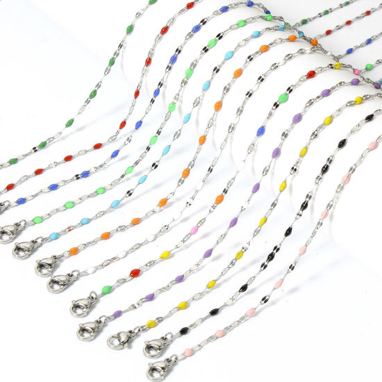 Picture of 304 Stainless Steel Lips Chain Necklace For DIY Jewelry Making Silver Tone Enamel 45.5cm(17 7/8") long, Chain Size: 2mm