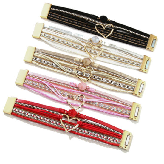 Picture of PU Leather Boho Chic Bohemia Multilayer Layered Bracelet Multicolor Heart
