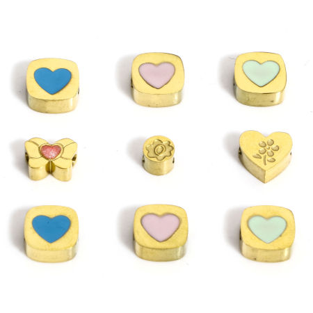Picture of 1 Piece Eco-friendly 304 Stainless Steel Stylish Beads For DIY Jewelry Making Square 18K Real Gold Plated Multicolor Heart Enamel