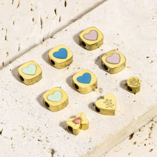 Bild von 1 Stück Umweltfreundlich 304 Edelstahl Stilvoll Perlen für die Herstellung von DIY-Charme-Schmuck Quadrat Vergoldet Bunt Herz Emaille