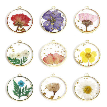 Picture of Zinc Based Alloy Handmade Resin Jewelry Real Flower Pendants Round Gold Plated 3.4cm x 3cm