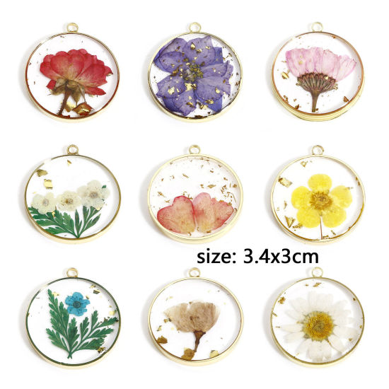 Picture of Zinc Based Alloy Handmade Resin Jewelry Real Flower Pendants Round Gold Plated 3.4cm x 3cm