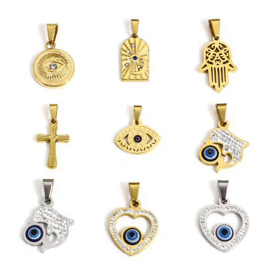 Picture of Eco-friendly 304 Stainless Steel Religious Charms Multicolor Heart Evil Eye Clear Rhinestone