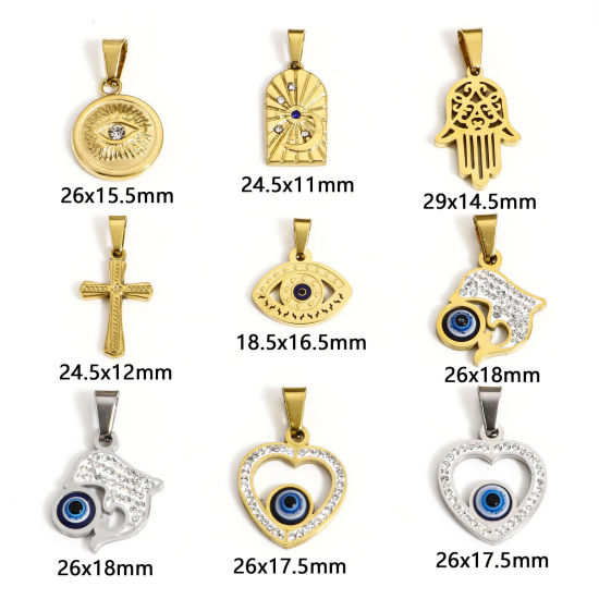 Picture of Eco-friendly 304 Stainless Steel Religious Charms Multicolor Heart Evil Eye Clear Rhinestone