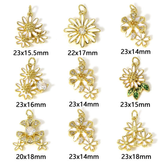 Picture of Brass Charms 18K Real Gold Plated White Daisy Flower Enamel                                                                                                                                                                                                   
