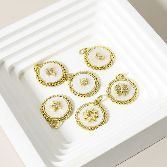 Изображение 1 ШТ Перламутр+Латунь Подвески Круглые 18K настоящее золото с покрытием Бижутерия усыпанная мелким фианит Прозрачный Искусственный Циркон 24мм x 18мм