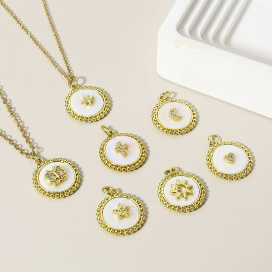 Изображение 1 ШТ Перламутр+Латунь Подвески Круглые 18K настоящее золото с покрытием Бижутерия усыпанная мелким фианит Прозрачный Искусственный Циркон 24мм x 18мм