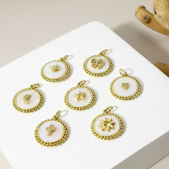 Изображение 1 ШТ Перламутр+Латунь Подвески Круглые 18K настоящее золото с покрытием Бижутерия усыпанная мелким фианит Прозрачный Искусственный Циркон 24мм x 18мм