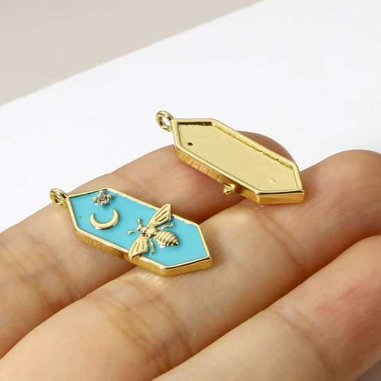 Picture of Brass Charms 18K Real Gold Plated Multicolor Bee Animal Moon Enamel Clear Cubic Zirconia 24mm x 8mm                                                                                                                                                           