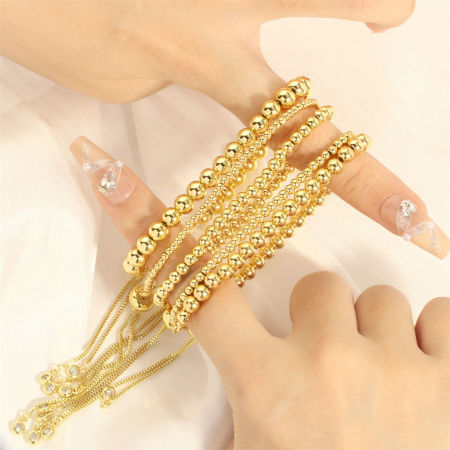 Eco-friendly Vacuum Plating Simple & Casual Retro 18K Real Gold Plated Copper & Cubic Zirconia Ball Chain Adjustable Slider/ Slide Bolo Bracelets For Women Party