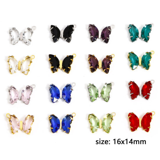 Image de 1 Pièce Breloques en 304 Acier Inoxydable & Verre Pierres de Naissance Papillon Multicolore