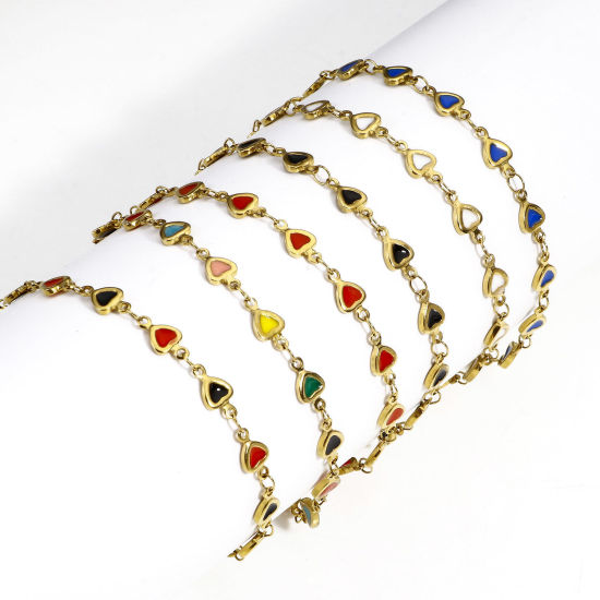 Immagine di 1 Pz Placcatura Sottovuoto Ecologica 304 Acciaio Inossidabile San Valentino Catena a Maglia Fatta a Mano Braccialetti Placcato Oro 18K Cuore Smalto a Doppia Faccia 17cm Lunghezza