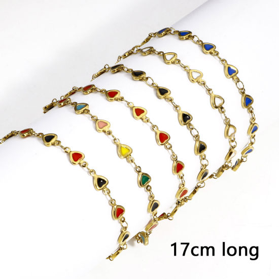 Immagine di 1 Pz Placcatura Sottovuoto Ecologica 304 Acciaio Inossidabile San Valentino Catena a Maglia Fatta a Mano Braccialetti Placcato Oro 18K Cuore Smalto a Doppia Faccia 17cm Lunghezza