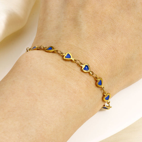 Immagine di 1 Pz Placcatura Sottovuoto Ecologica 304 Acciaio Inossidabile San Valentino Catena a Maglia Fatta a Mano Braccialetti Placcato Oro 18K Cuore Smalto a Doppia Faccia 17cm Lunghezza