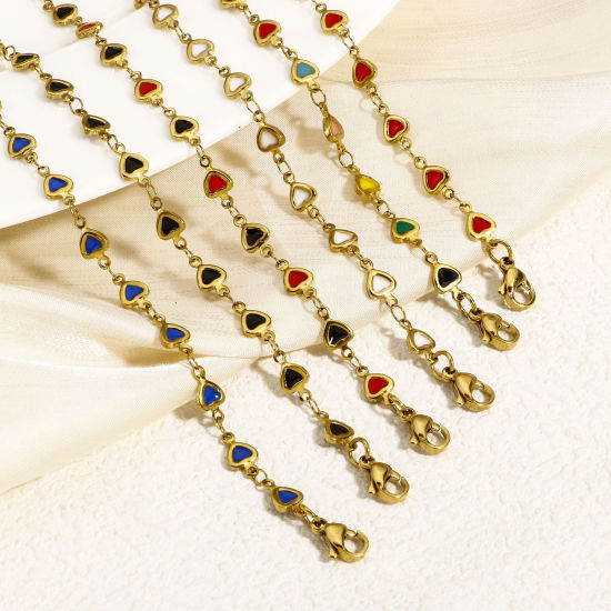 Immagine di 1 Pz Placcatura Sottovuoto Ecologica 304 Acciaio Inossidabile San Valentino Catena a Maglia Fatta a Mano Braccialetti Placcato Oro 18K Cuore Smalto a Doppia Faccia 17cm Lunghezza