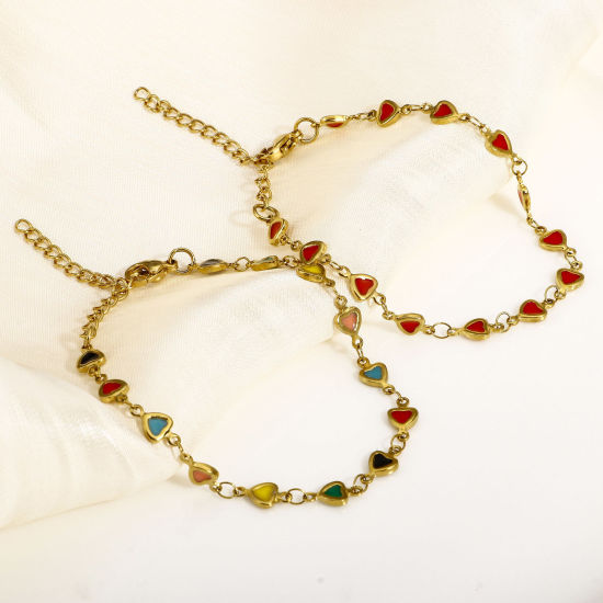 Immagine di 1 Pz Placcatura Sottovuoto Ecologica 304 Acciaio Inossidabile San Valentino Catena a Maglia Fatta a Mano Braccialetti Placcato Oro 18K Cuore Smalto a Doppia Faccia 17cm Lunghezza