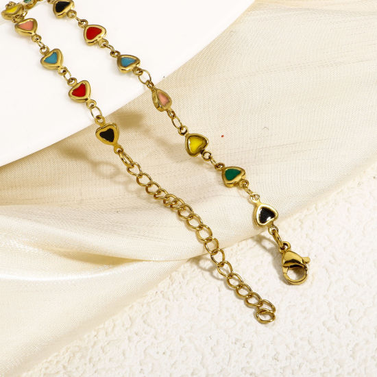 Immagine di 1 Pz Placcatura Sottovuoto Ecologica 304 Acciaio Inossidabile San Valentino Catena a Maglia Fatta a Mano Braccialetti Placcato Oro 18K Cuore Smalto a Doppia Faccia 17cm Lunghezza