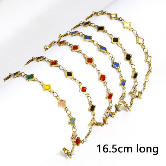 Picture of Eco-friendly Vacuum Plating 304 Stainless Steel Handmade Link Chain Bracelets 18K Gold Color Quadrilateral Double-sided Enamel 16.5cm(6 4/8") long