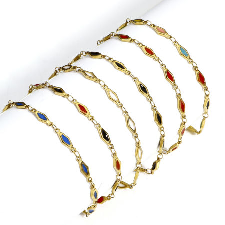 Eco-friendly Vacuum Plating 304 Stainless Steel Handmade Link Chain Bracelets 18K Gold Plated Rhombus Double-sided Enamel 17.5cm(6 7/8") long