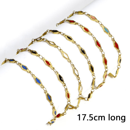 Picture of Eco-friendly Vacuum Plating 304 Stainless Steel Handmade Link Chain Bracelets 18K Gold Color Rhombus Double-sided Enamel 17.5cm(6 7/8") long