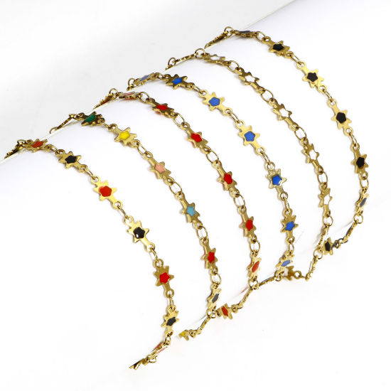 Immagine di 1 Pz Placcatura Sottovuoto Ecologica 304 Acciaio Inossidabile Galassia Catena a Maglia Fatta a Mano Braccialetti Placcato Oro 18K Stella a Cinque Punte Smalto a Doppia Faccia 16.5cm Lunghezza