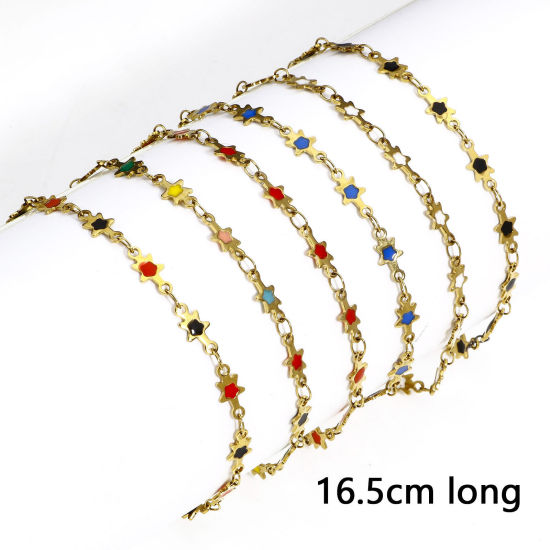 Immagine di 1 Pz Placcatura Sottovuoto Ecologica 304 Acciaio Inossidabile Galassia Catena a Maglia Fatta a Mano Braccialetti Placcato Oro 18K Stella a Cinque Punte Smalto a Doppia Faccia 16.5cm Lunghezza