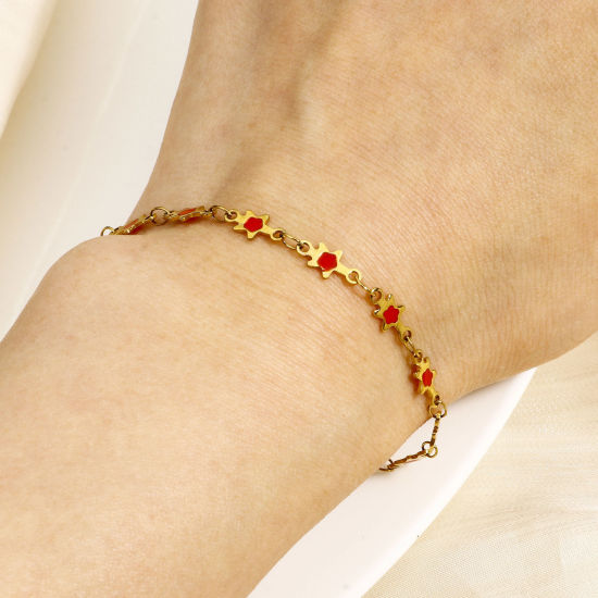 Immagine di 1 Pz Placcatura Sottovuoto Ecologica 304 Acciaio Inossidabile Galassia Catena a Maglia Fatta a Mano Braccialetti Placcato Oro 18K Stella a Cinque Punte Smalto a Doppia Faccia 16.5cm Lunghezza