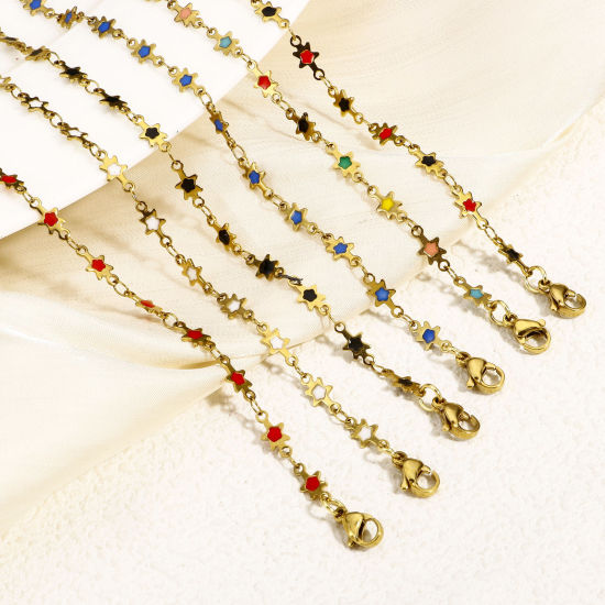 Immagine di 1 Pz Placcatura Sottovuoto Ecologica 304 Acciaio Inossidabile Galassia Catena a Maglia Fatta a Mano Braccialetti Placcato Oro 18K Stella a Cinque Punte Smalto a Doppia Faccia 16.5cm Lunghezza