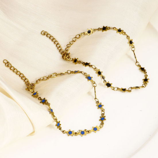 Immagine di 1 Pz Placcatura Sottovuoto Ecologica 304 Acciaio Inossidabile Galassia Catena a Maglia Fatta a Mano Braccialetti Placcato Oro 18K Stella a Cinque Punte Smalto a Doppia Faccia 16.5cm Lunghezza