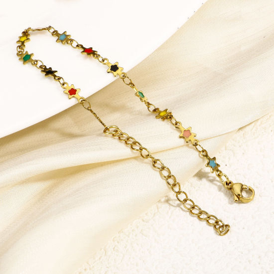 Immagine di 1 Pz Placcatura Sottovuoto Ecologica 304 Acciaio Inossidabile Galassia Catena a Maglia Fatta a Mano Braccialetti Placcato Oro 18K Stella a Cinque Punte Smalto a Doppia Faccia 16.5cm Lunghezza
