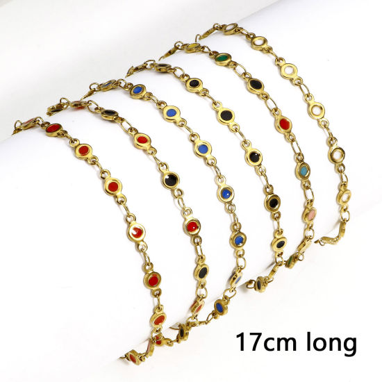 Bild von 1 Strang Umweltfreundliche Vakuumbeschichtung 304 Edelstahl Handgefertigte Gliederkette Armband 18K Gold plattiert Herz Doppelseitige Emaille 17cm lang