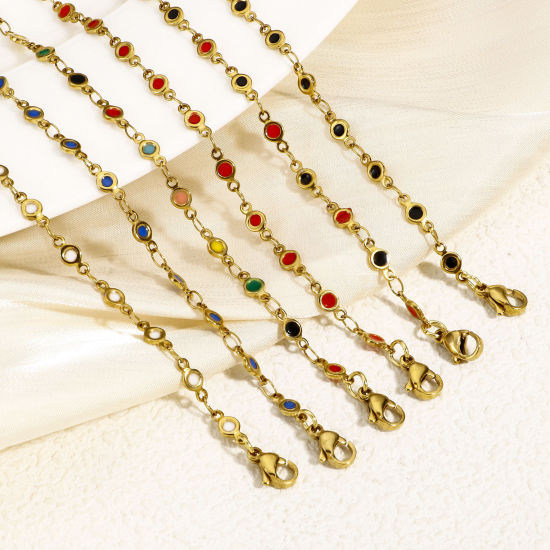 Bild von 1 Strang Umweltfreundliche Vakuumbeschichtung 304 Edelstahl Handgefertigte Gliederkette Armband 18K Gold plattiert Herz Doppelseitige Emaille 17cm lang