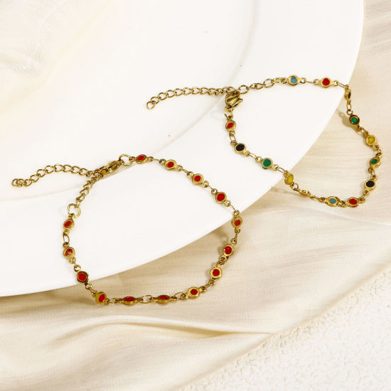 Bild von 1 Strang Umweltfreundliche Vakuumbeschichtung 304 Edelstahl Handgefertigte Gliederkette Armband 18K Gold plattiert Herz Doppelseitige Emaille 17cm lang