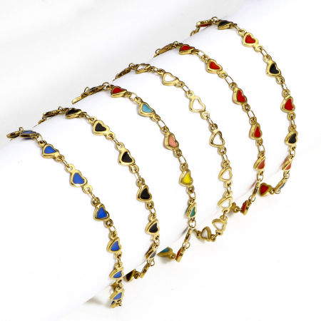 Picture of Eco-friendly Vacuum Plating 304 Stainless Steel Valentine's Day Handmade Link Chain Bracelets 18K Gold Plated Heart Double-sided Enamel 16.5cm(6 4/8") long