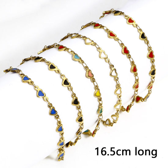 Picture of Eco-friendly Vacuum Plating 304 Stainless Steel Valentine's Day Handmade Link Chain Bracelets 18K Gold Color Heart Double-sided Enamel 16.5cm(6 4/8") long