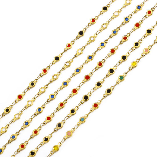 Picture of 1 M Vacuum Plating 304 Stainless Steel Double-sided Enamel Handmade Link Chain For Handmade DIY Jewelry Making Findings Round 18K Gold Plated 4mm