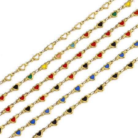 1 メートル 真空メッキ 304ステンレス鋼 バレンタイン・デー ハンドメイド手作りリンクチェーン手作り DIY ジュエリーアクセサリー作りのパーツ ハート 18Kゴールドメッキ 両面エナメル 5mm、