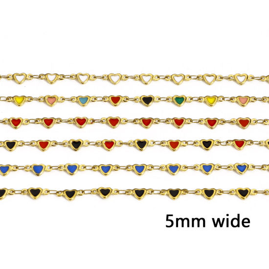 Immagine di 1 M Placcatura Sottovuoto 304 Acciaio Inossidabile San Valentino Catena a Maglia Fatta a Mano Per Risultati di Creazione di Gioielli Fai-da-te Fatti a Mano Cuore Placcato Oro 18K Smalto a Doppia Faccia 5mm