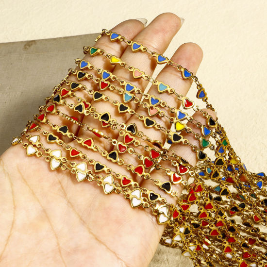 Immagine di 1 M Placcatura Sottovuoto 304 Acciaio Inossidabile San Valentino Catena a Maglia Fatta a Mano Per Risultati di Creazione di Gioielli Fai-da-te Fatti a Mano Cuore Placcato Oro 18K Smalto a Doppia Faccia 5mm