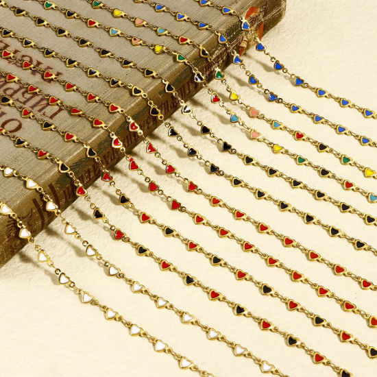 Immagine di 1 M Placcatura Sottovuoto 304 Acciaio Inossidabile San Valentino Catena a Maglia Fatta a Mano Per Risultati di Creazione di Gioielli Fai-da-te Fatti a Mano Cuore Placcato Oro 18K Smalto a Doppia Faccia 5mm