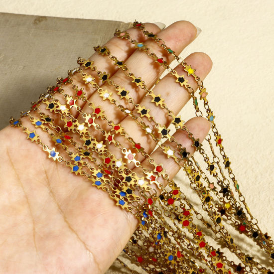 Immagine di 1 M Placcatura Sottovuoto 304 Acciaio Inossidabile Galassia Catena a Maglia Fatta a Mano Per Risultati di Creazione di Gioielli Fai-da-te Fatti a Mano Stella Placcato Oro 18K Smalto a Doppia Faccia 5mm