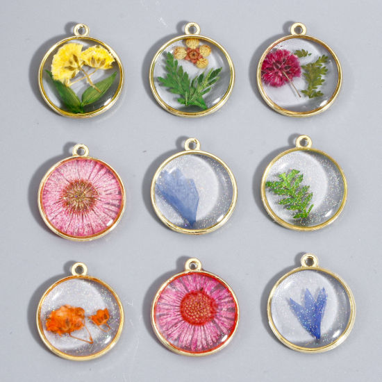 Picture of Handmade Resin Jewelry Real Flower Charms Round Flower Gold Plated 22mm x 19mm