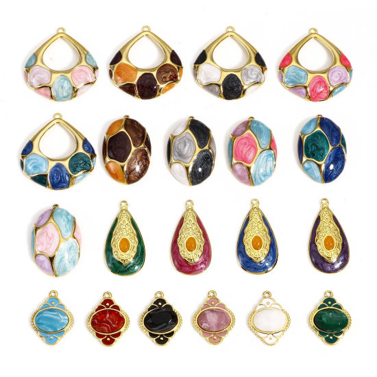 Изображение 1 ШТ 304 Нержавеющая Сталь & Камень Стиль Королевского Двора Подвески Овальные Позолоченный Разноцветный резной Узор С Эмалью