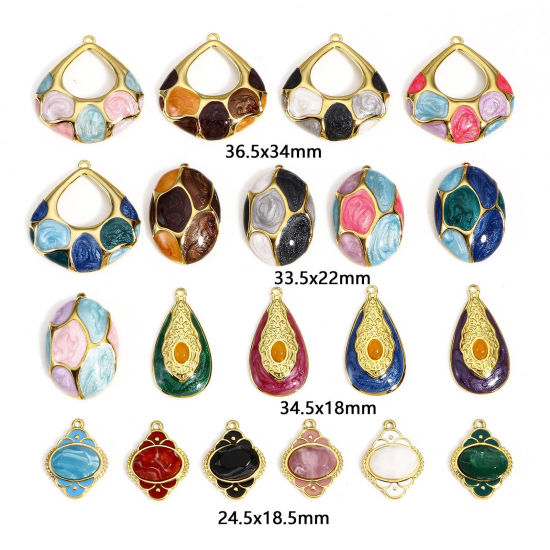 Изображение 1 ШТ 304 Нержавеющая Сталь & Камень Стиль Королевского Двора Подвески Овальные Позолоченный Разноцветный резной Узор С Эмалью